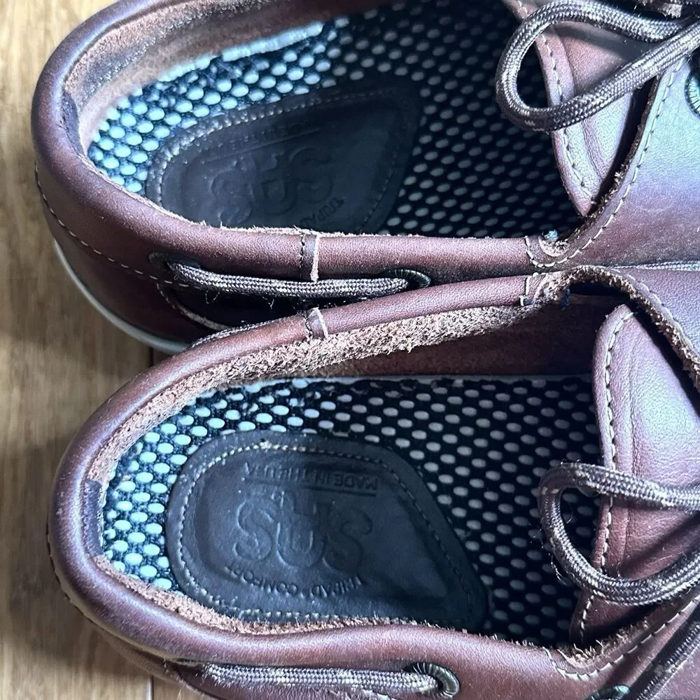 SAS Leather Boat Shoes Mens 10.5 W Wide Brown Lace Up Made in USA Comfort Casual